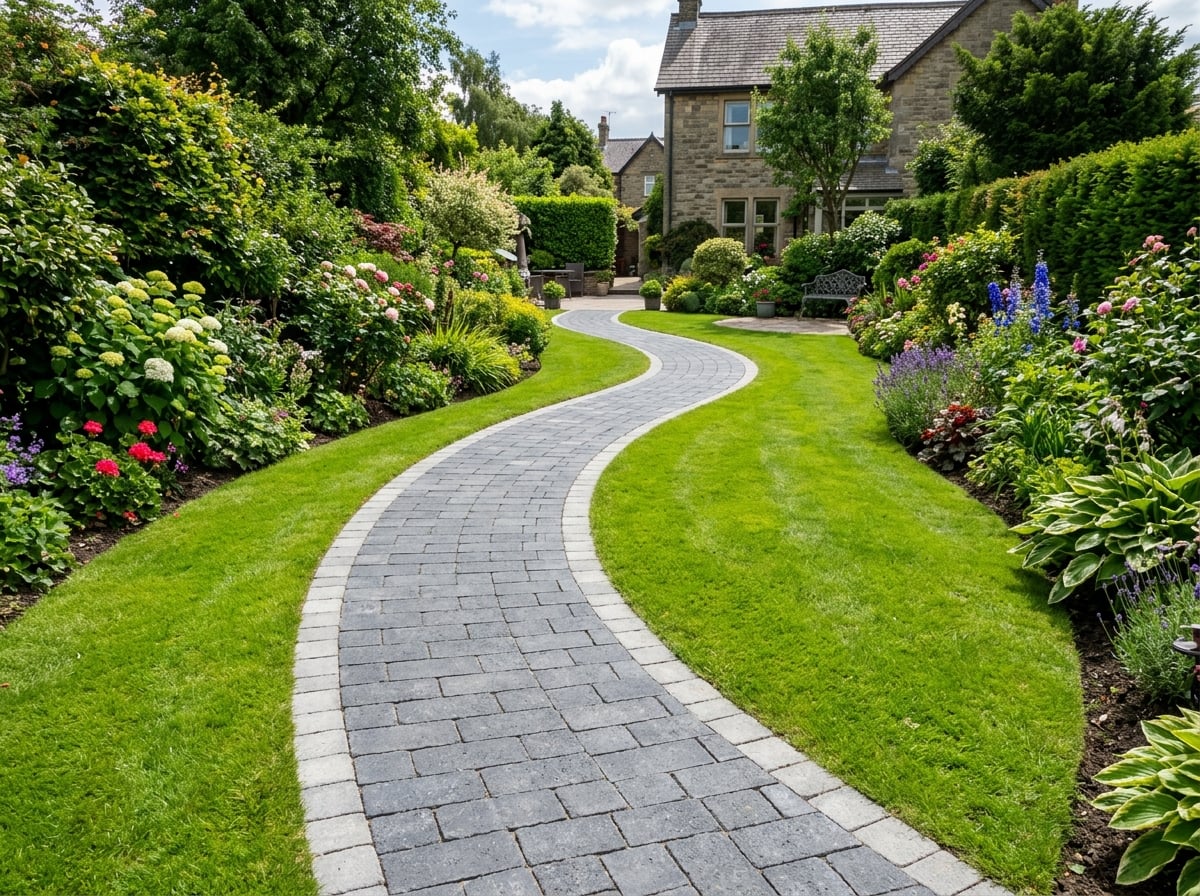 Block paved garden pathway with soldier course edging