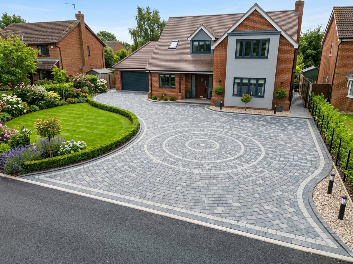 Circular fan pattern block paved driveway